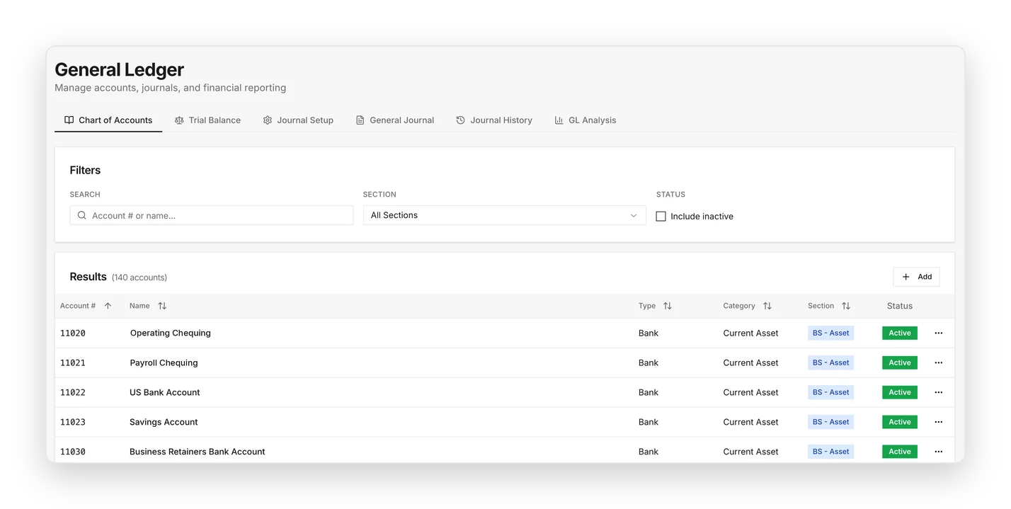 General ledger chart of accounts with bank accounts