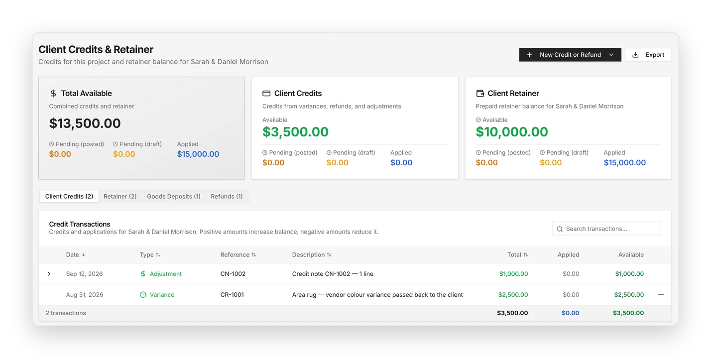 Client credits and retainer balances with credit transactions