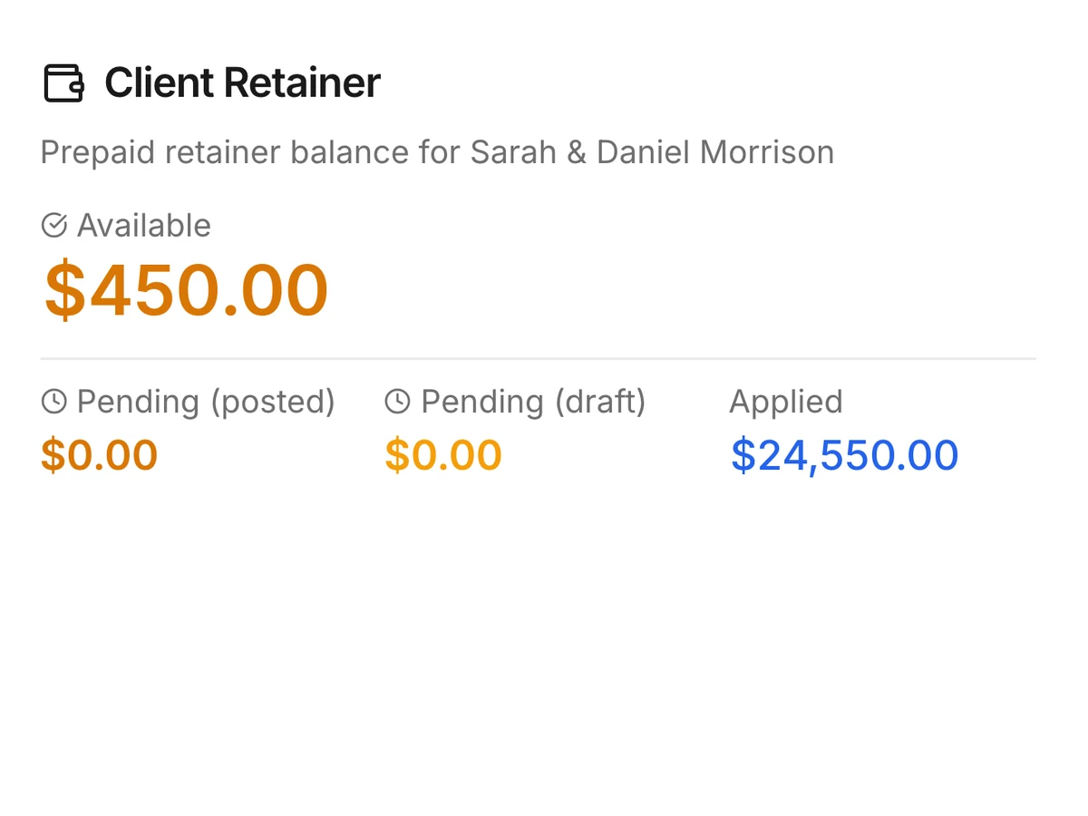 Client retainer with only $450 available after $24,550 applied