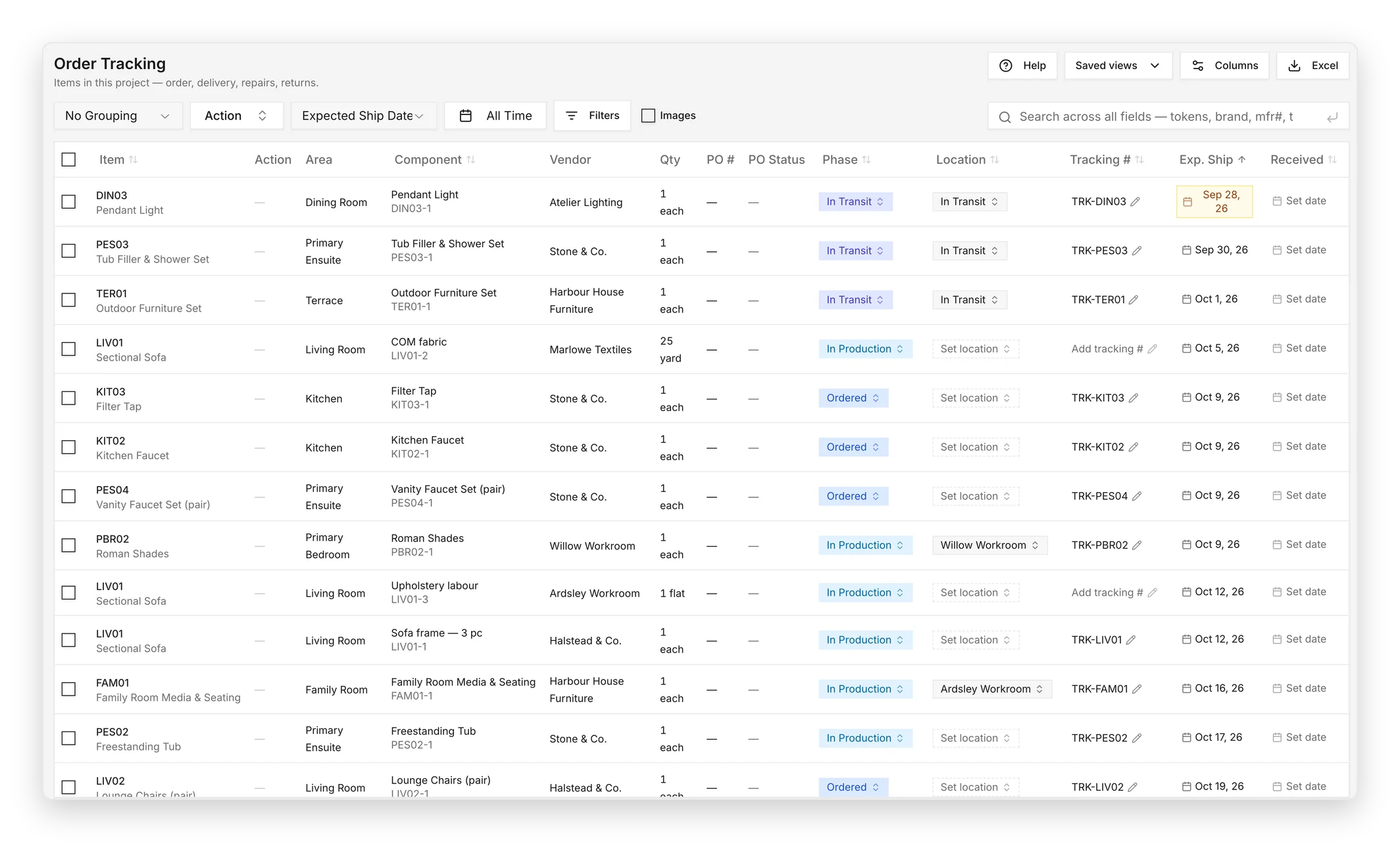 DesignDrive order tracking with vendors, phases, tracking numbers and expected ship dates