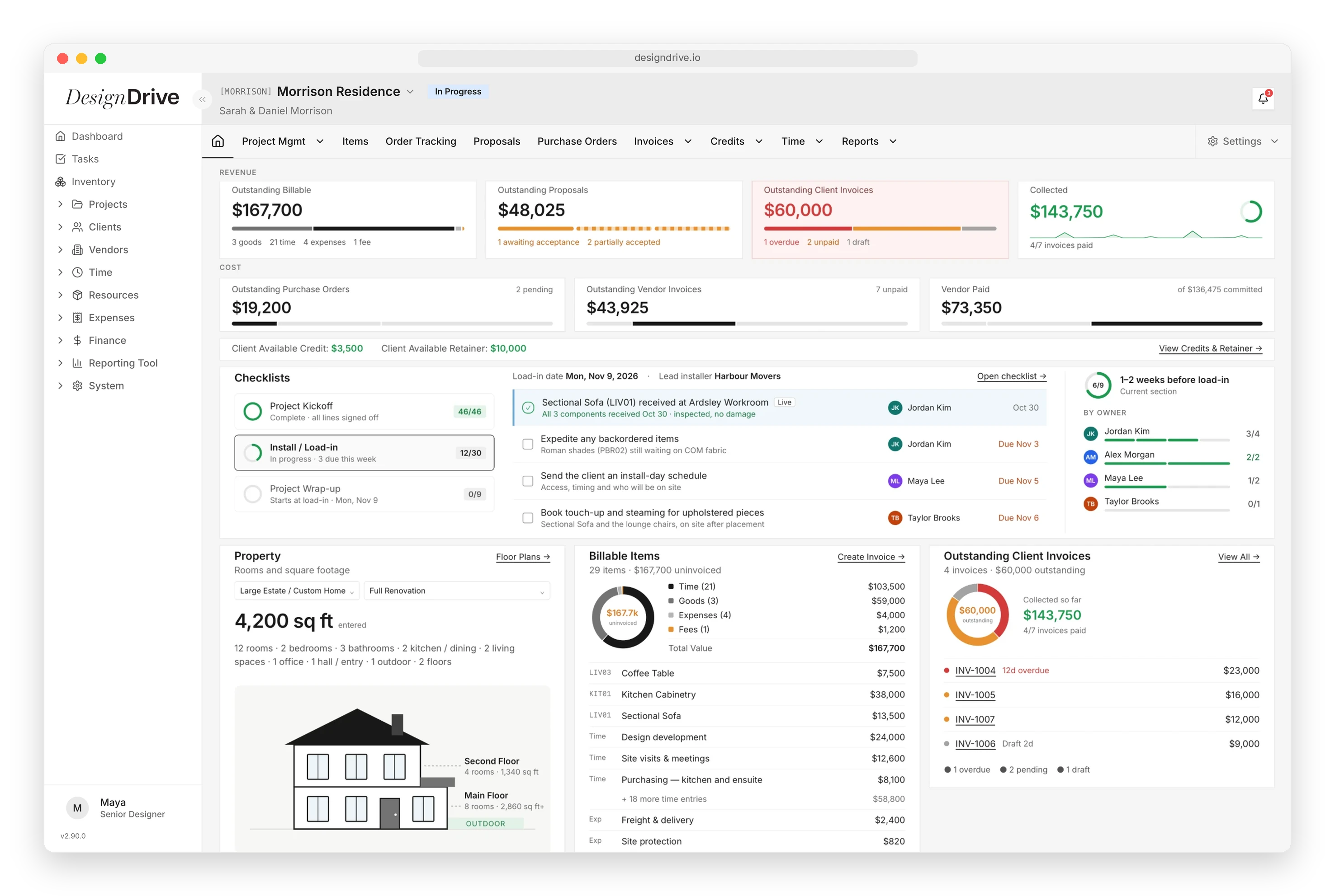 DesignDrive project overview for Morrison Residence: revenue and cost, the install checklist, property, billable items and client invoices