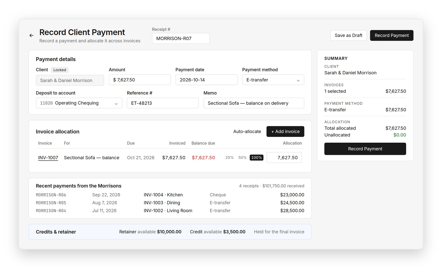 Recording a $7,627.50 e-transfer from the Morrisons against the Sectional Sofa balance invoice