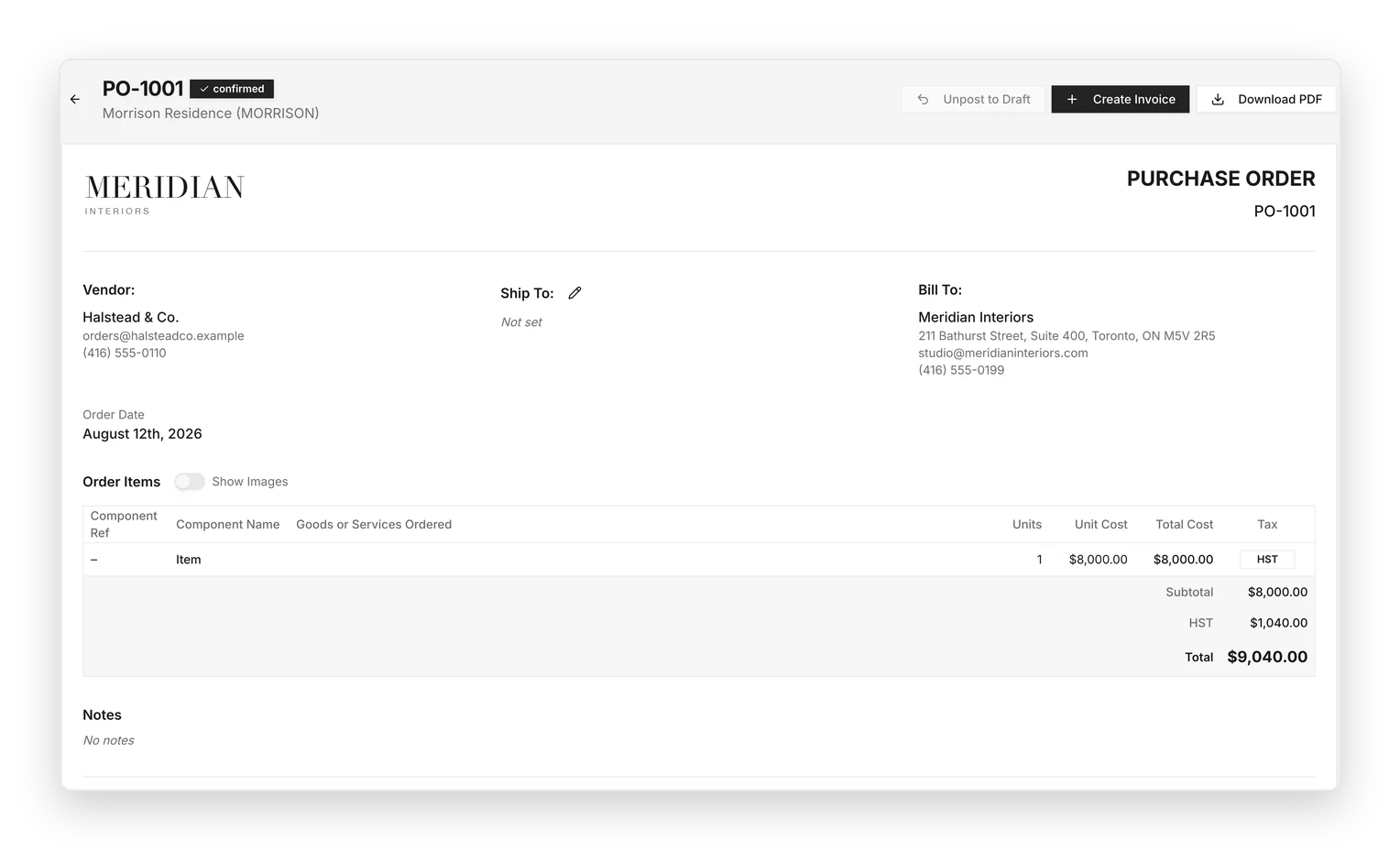 Confirmed purchase order PO-1001 to Halstead and Co.